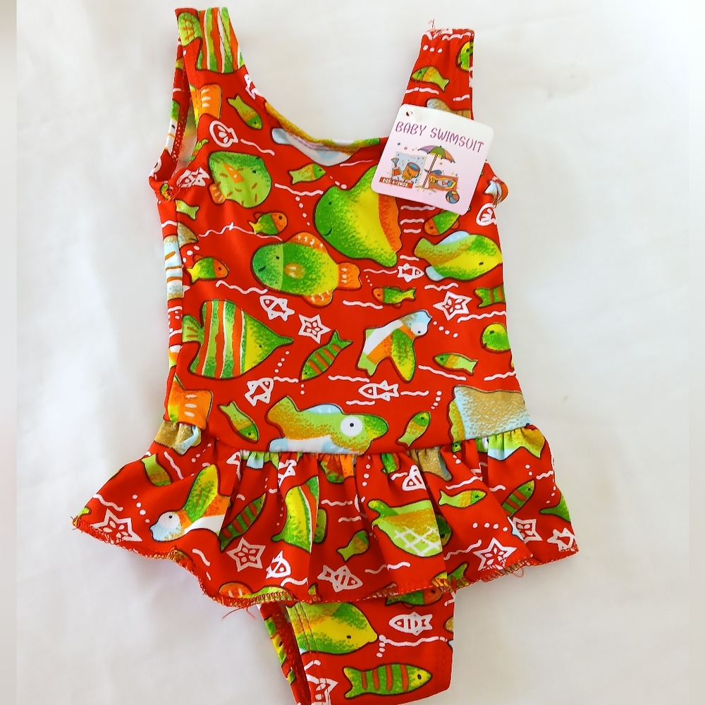 Baby Swimsuit Green Fish Print on Red Ruffle Infant Toddler One Piece Bikini Be
